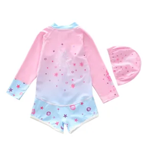 Flat lay of pink and blue gradient long-sleeve kids swimsuit set with star patterns