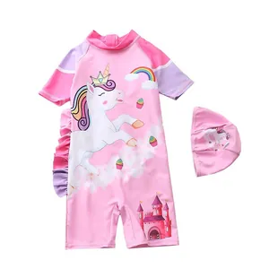 Maillot de bain licorne arc-en-ciel pour fille avec bonnet rose et violet
