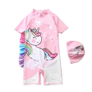 Maillot de bain licorne rose pour filles avec volants arc-en-ciel et bonnet assorti