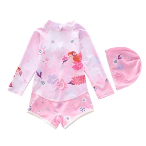 Three-piece girls long sleeve swimsuit set with fairy floral print and swim cap