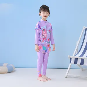 Three-piece girls' long sleeve swimwear set in light purple with mermaid cartoon print