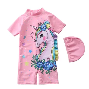 Maillot de bain licorne rose une pièce pour enfants avec bonnet assorti et volants