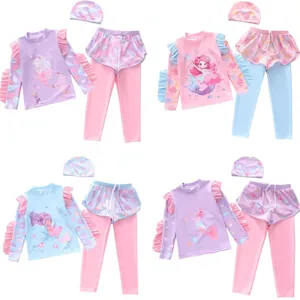 Girls Long Sleeve Mermaid Rash Guard With Swim Pants And Hat Sun Protection Ruffle Cartoon Bathing Suit Kids Split Swimwear