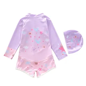 Detail view of purple long sleeve girls swimwear with floral fairy cartoon patterns
