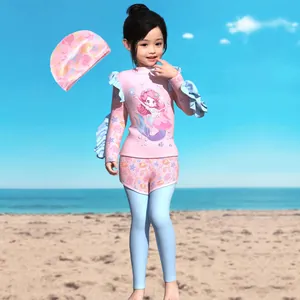 Girls long sleeve UV protection swimsuit 4-piece set with mermaid and ocean prints