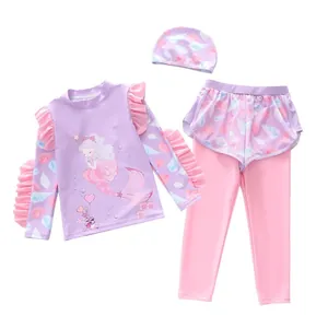 Three-piece girls long sleeve swimsuit set with mermaid print and ruffle details
