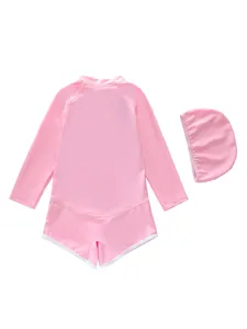 Detailed view of pink long-sleeved kids swimsuit set with matching swim cap and white piping