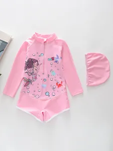 Detailed flat lay of pink long-sleeve kids' swimsuit with ocean cartoon mermaid patterns
