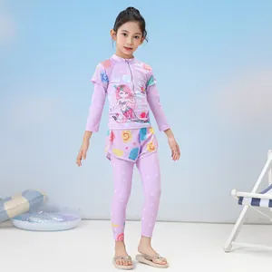 Detail of girls' long sleeve swimsuit set with mermaid print and sun protection fabric