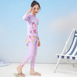 Three-piece girls long sleeve rash guard set with mermaid print and swim leggings