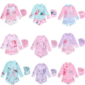 Kids Girls Long Sleeve One Piece Swimsuit With Swim Cap Cartoon Mermaid Princess Print Sun Protection Bathing Suit Top And Bottom