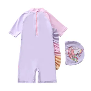 Maillot de bain fille lavande avec bonnet licorne et détails de volants mignons