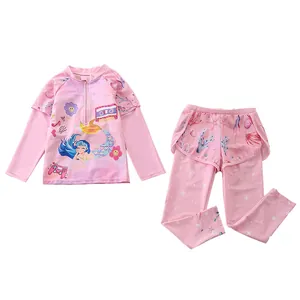 Detailed flat lay of girls' long-sleeve mermaid swimsuit with zip top and skirted leggings