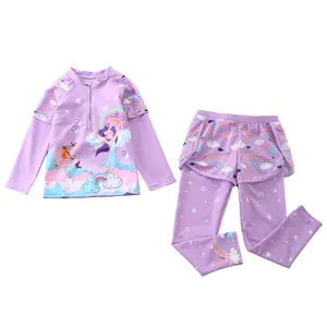 Detail of girls' long-sleeve purple swimsuit with fairy print and tutu mesh skirt pants