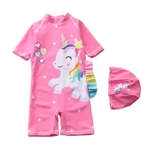 Maillot de bain licorne rose une pièce pour filles avec froufrous et bonnet assorti