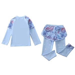 Detail of girls' long sleeve swimwear with jellyfish patterns and star print on pants