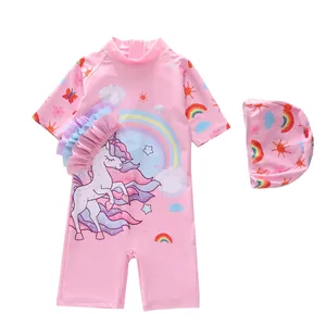 Maillot de bain licorne rose pour filles avec froufrous et bonnet de bain assorti