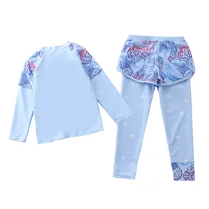 Detail of girls long sleeve jellyfish print swimsuit with mesh skirt and quick dry fabric