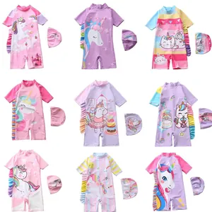 Maillot de Bain Une Pièce Licorne pour Filles Avec Bonnet de Bain Volants Séchage Rapide Élastique Plage Enfants