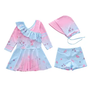Set costume da bagno bambina 3 pezzi a tema sirena con maniche lunghe e cuffia