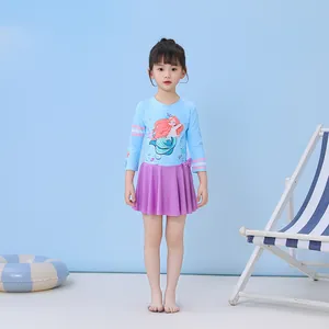 Maillot de bain à manches longues pour fille avec motif sirène et jupe plissée violette