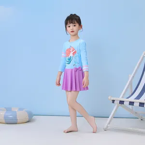 Maillot de bain fille à manches longues motif sirène avec haut bleu et jupe violette