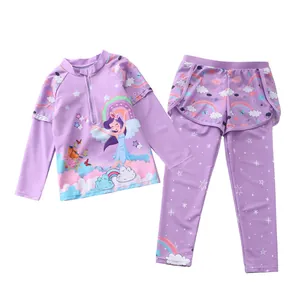Detail showing girls purple long sleeve sun protection swimsuit with fairy cartoon patterns