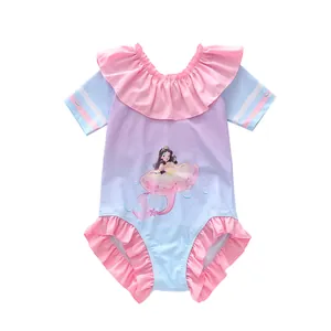 Maillot de bain fille une pièce sirène avec dégradé violet et volants roses