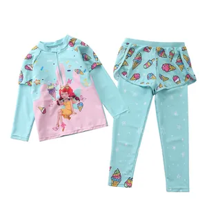 Close-up of children's long-sleeve swimsuit with zipper and ice cream prints