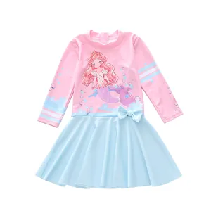 Maillot de bain fille manches longues avec motif sirène et jupe plissée bleu clair