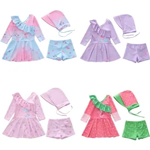 Costume da Bagno Intero a Gonna a Maniche Lunghe per Ragazze con Cuffia Pantaloni Protezione Solare Sirena Fragola Cartone Animato Moda Mare