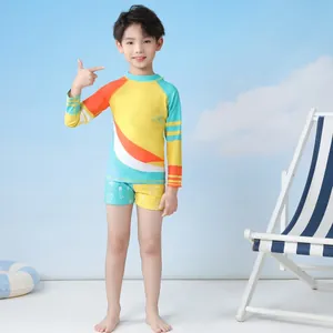 Kinder Langarm Zweiteiler Badeanzug Set in Gelb und Blau für Jungen Badebekleidung