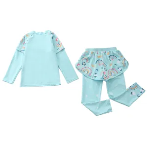 Detail of girls' long-sleeve swimwear featuring blue fabric and rainbow mesh patterns