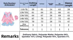 Detailed size chart for girls long-sleeve ruffled swimsuit showing polyester blend material