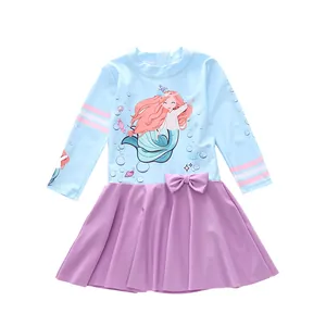 Maillot de bain fille à manches longues avec sirène et jupe plissée violette