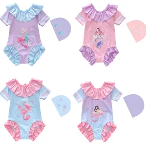 Maillot de Bain Une Pièce Sirène pour Filles Avec Bonnet Assorti Manches à Volants Protection Solaire Plage pour Enfants