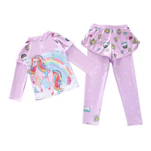 Detail of girls' long sleeve swimsuit set with unicorn print and breathable mesh shoulders
