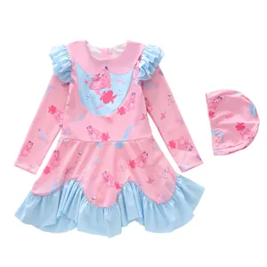 Pink long sleeve mermaid print girls swimsuit with ruffles and matching swim cap