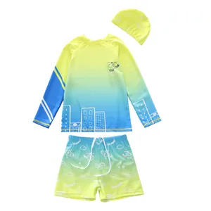 Dreiteiliges Kinder-Langarm-Bademode-Set mit Helikopter-Print und Farbverlauf-Design