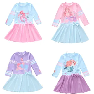 Maillot de Bain Une Pièce à Manches Longues pour Filles Imprimé Sirène de Dessin Animé Protection Solaire Robe de Bain Plissée avec Nœud