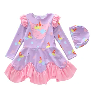 Pink and purple long-sleeve girls' one-piece swimsuit with mermaid print and ruffle skirt