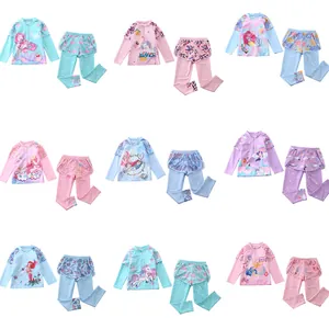 Girls Long Sleeve Swimwear Top And Pants Rash Guard Mesh Skirt Unicorn Mermaid Print Kids Quick Dry Bathing Suit