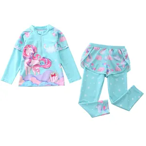 Kids long sleeve swimsuit set with light blue unicorn prints and matching long pants