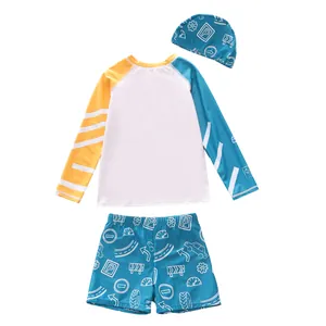Dreiteiliges Kinder-Badeset mit Langarm-Rashguard Shorts und Kappe in Blau und Gelb