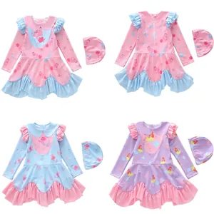 Kids Girls Mermaid Cartoon Long Sleeve One-Piece Swimsuit With Swim Cap Ruffle Trim Sun Protection Bathing Suit For Swimming