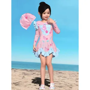 Pink mermaid long sleeve kids swimsuit with ruffles, swim cap and matching beach shoes