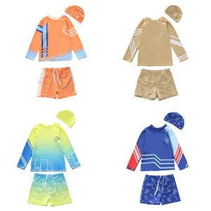 Kinder Jungen Langarm Badeanzug Set UV Schutz Schnelltrocknend Rashguard Mit Badehaube Cartoon Druck Dinosaurier Strandbekleidung