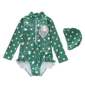 Girls one-piece long sleeve swimsuit set with unicorn heart print and matching swim cap