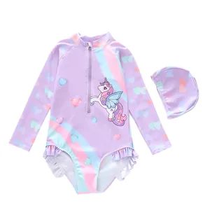 Girls long sleeve unicorn swimsuit set with lavender purple pattern and ruffle trim