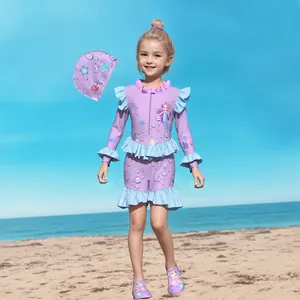 Girls long sleeve mermaid swimsuit set with ruffled edges and matching swimming accessories